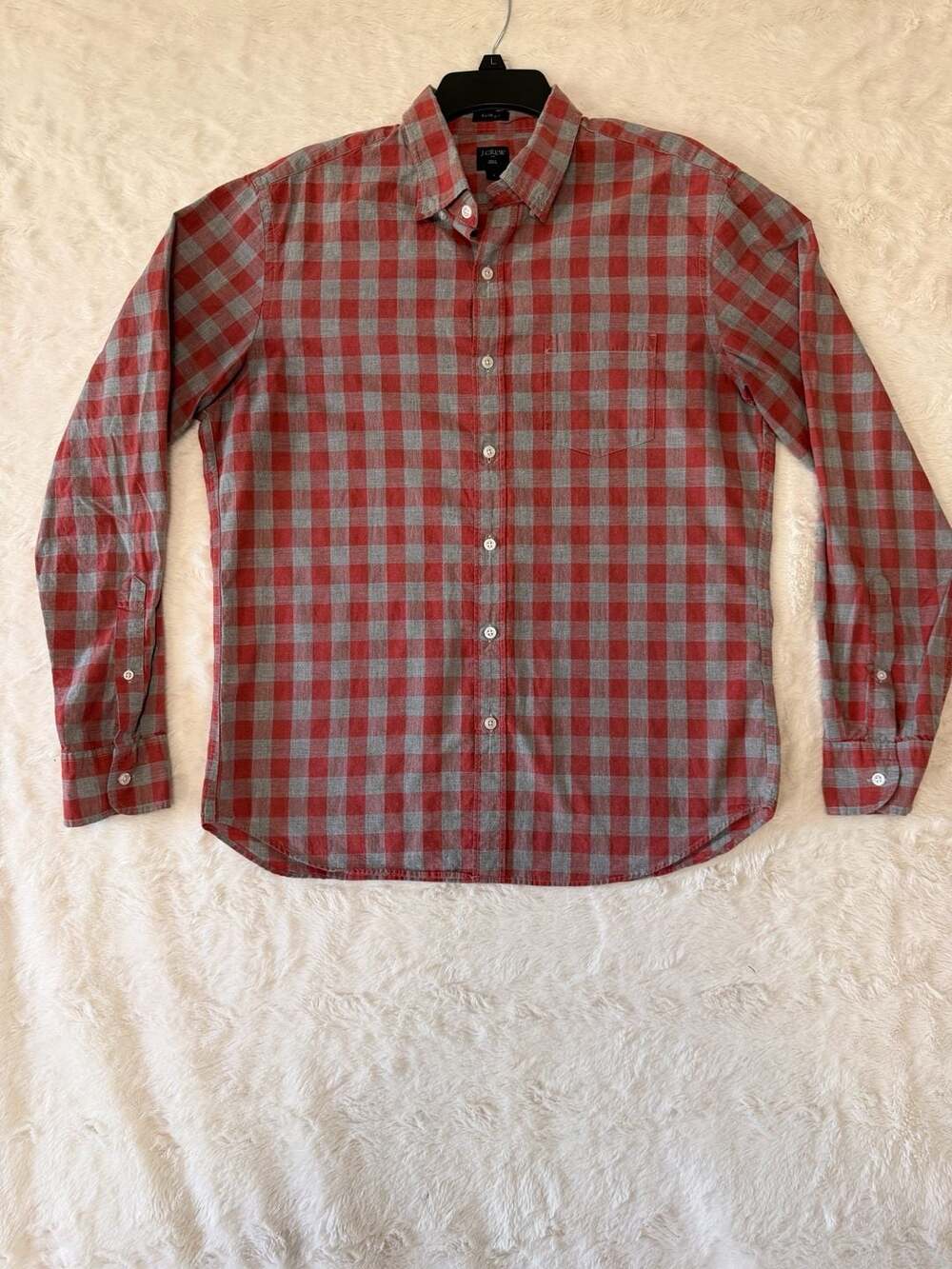 J.Crew Mens Large Slim Fit Button Down Shirt Red Grey Gingham Plaid Cotton G0296